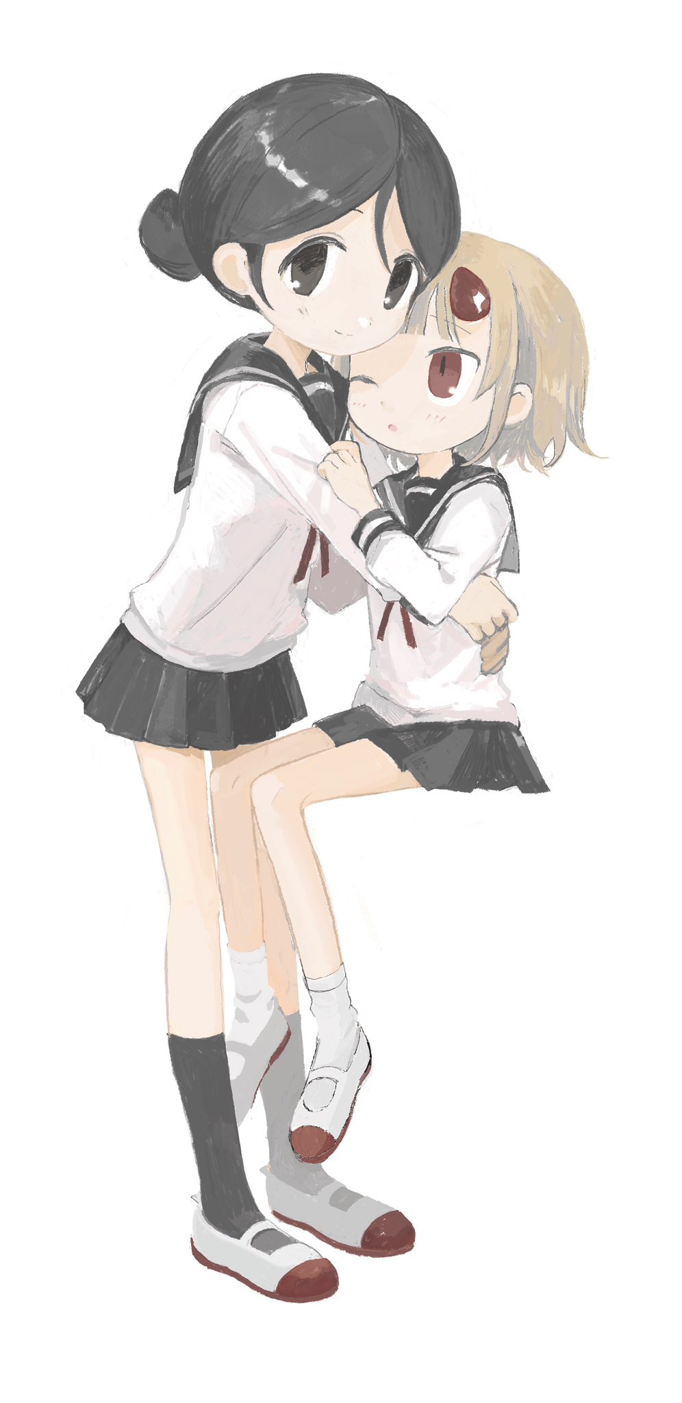 2girls black_eyes black_hair black_sailor_collar black_skirt black_socks brown_hair closed_mouth full_body hair_bun highres hitonatz horns hug invisible_chair long_sleeves looking_at_another looking_at_viewer miniskirt multiple_girls murakawa_reo_(null-meta) nanakura_manami neck_ribbon null-meta one_eye_closed open_mouth pleated_skirt red_eyes red_ribbon ribbon sailor_collar shirt shoes short_hair simple_background single_hair_bun sitting skirt smile socks standing uwabaki white_background white_shirt white_socks