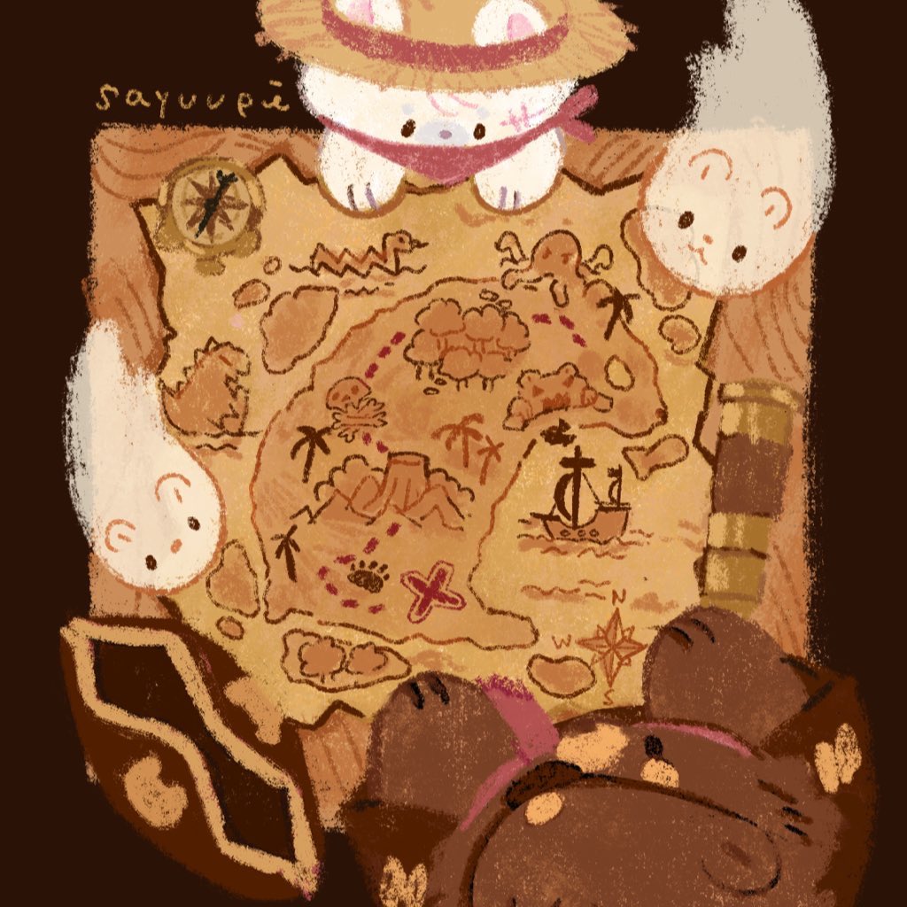 animal_focus artist_name bandana brown_bear commentary english_commentary from_above ghost hat no_humans original red_bandana sayuupi spirit straw_hat treasure_map white_rabbit_(animal) x