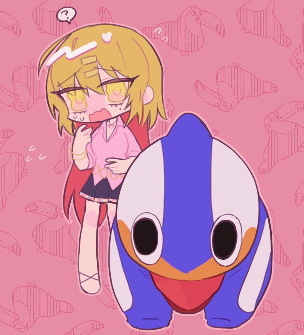 1girl ? animal_background animal_costume bird black_skirt bow bracelet chain_belt costume dress_shirt duck hair_ornament hairclip hamedori-kun hands_on_ground jewelry katagiri_nanase kkmrasas long_hair mascot mascot_costume mole mole_under_eye multicolored_hair nukigee_mitai_na_shima_ni_sunderu_watashi_wa_dou_surya_ii_desu_ka? open_mouth pink_background pink_shirt pleated_skirt red_hair shirt skirt toucan two-tone_hair very_long_hair yellow_eyes