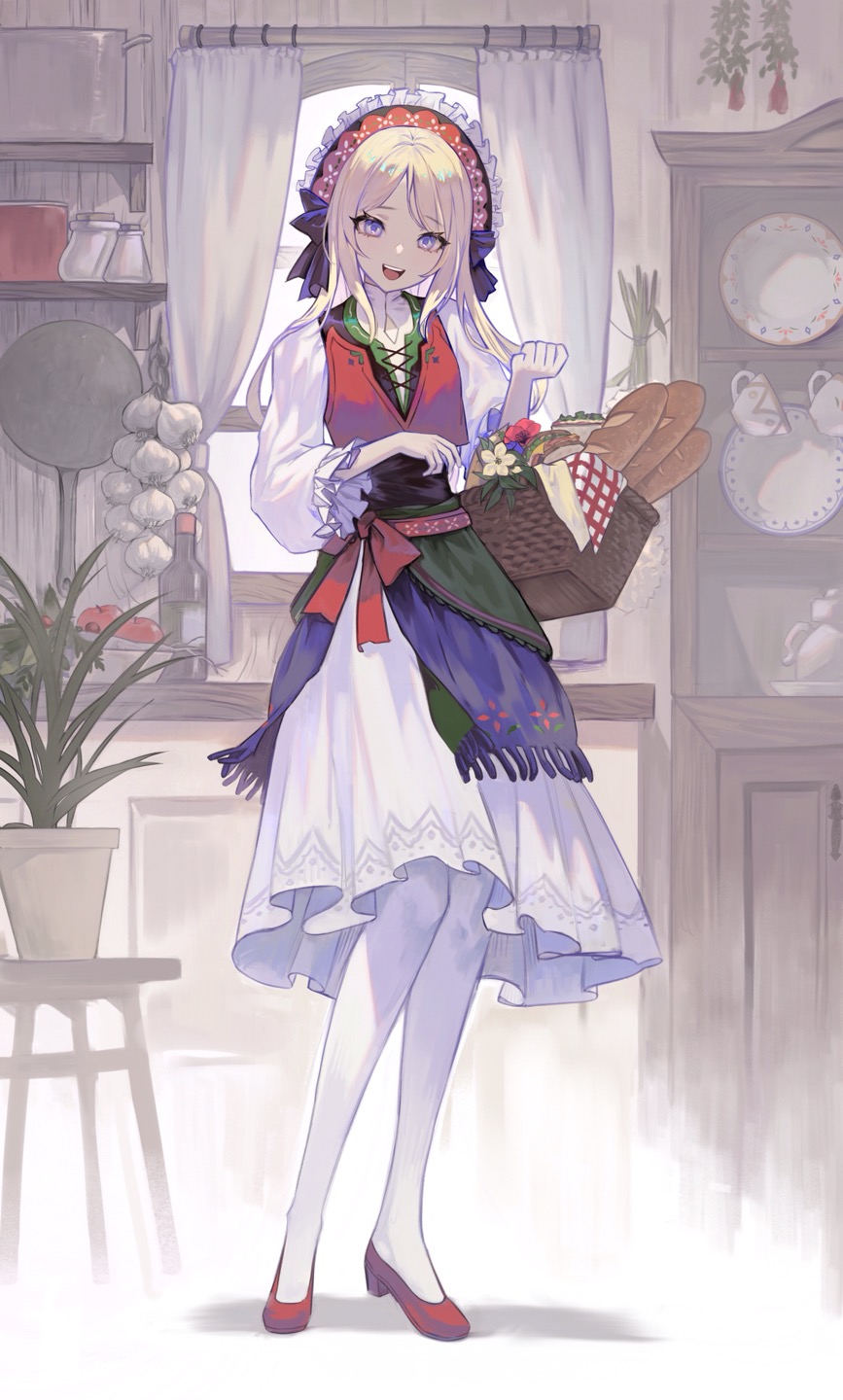1girl 9999_soon apron baguette baking blue_eyes bread commentary country_lolita cup cupboard curtains european_clothing flower food frying_pan gingham hanging_herbs herbs highres houseplant kettle kitchen lolita_fashion looking_at_viewer onion original oven picnic_basket red_footwear saucer sink stove symbol-only_commentary teacup window
