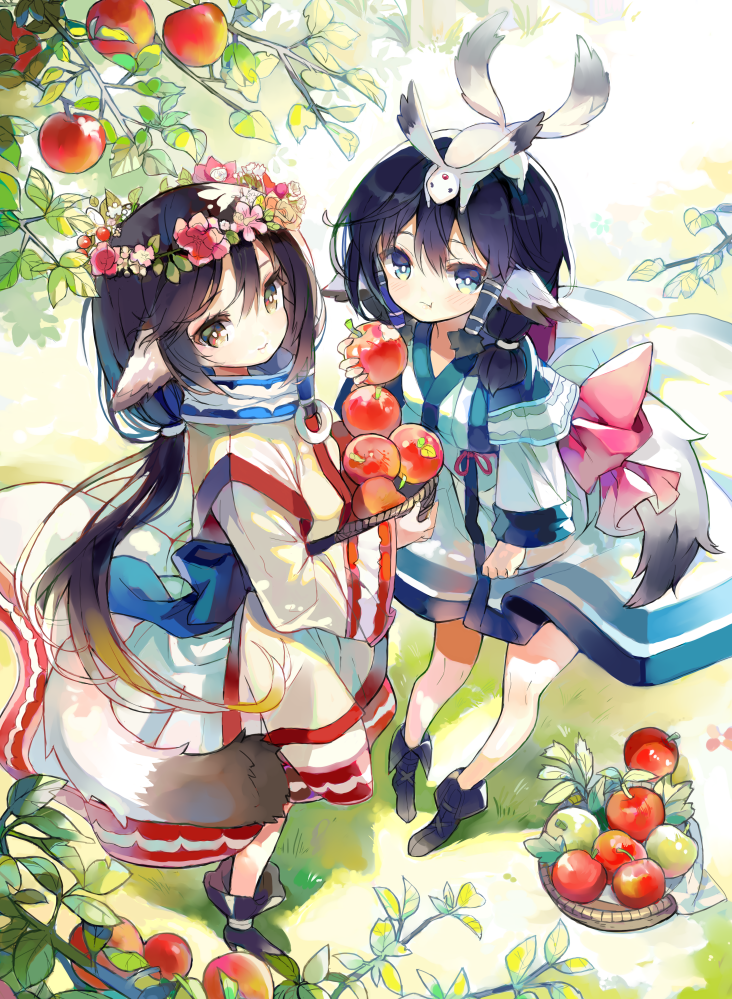 2girls ainu_clothes apple aruruu black_hair blue_eyes boots chewing creature dress eruruu food from_above fruit gradient_hair hair_tubes head_wreath holding holding_food holding_fruit layered_sleeves looking_at_viewer multicolored_eyes multicolored_hair multiple_girls outdoors somjeu utawarerumono utawarerumono:_itsuwari_no_kamen