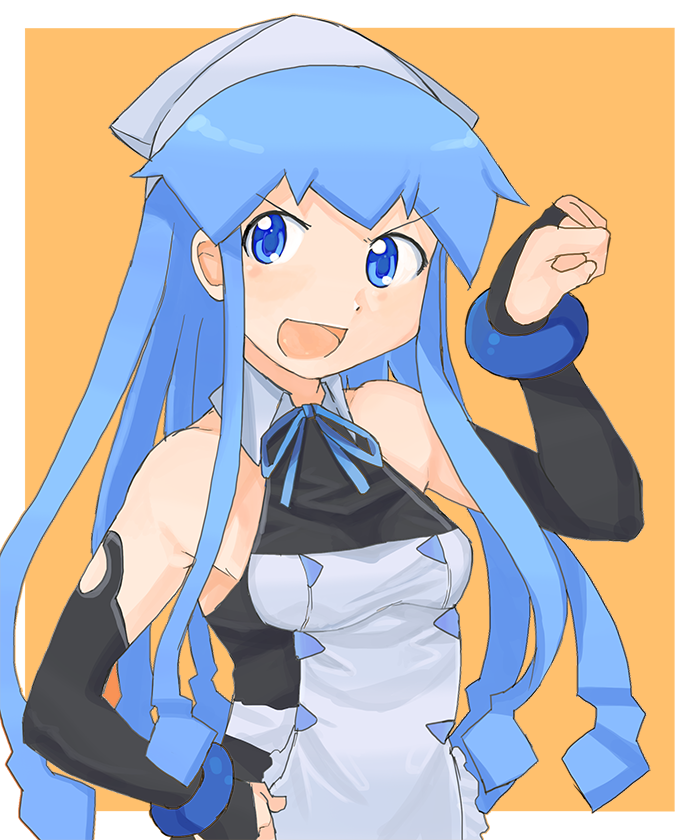 &gt;:d 1girl :d bad_id bad_pixiv_id blue_eyes blue_hair bridal_gauntlets cosplay dream_c_club dream_c_club_(cosplay) dream_c_club_(series) dream_c_club_zero hat ikamusume kanemoto_hisako kikiki_(hiya_mikan) long_hair nonono_(dream_c_club) nonono_(dream_c_club)_(cosplay) open_mouth shinryaku!_ikamusume smile tentacle_hair v-shaped_eyebrows voice_actor_connection waitress