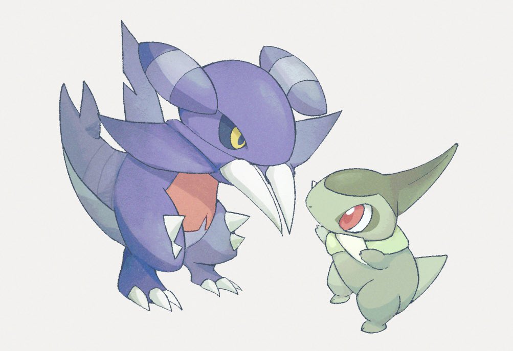 arms_up axew black_sclera blue_skin clawed_feet claws colored_sclera colored_skin eye_contact fireblast full_body gabite gen_4_pokemon gen_5_pokemon green_skin horns looking_at_another nintendo no_humans pokemon pokemon_(creature) red_eyes simple_background spikes standing tusks white_background yellow_eyes