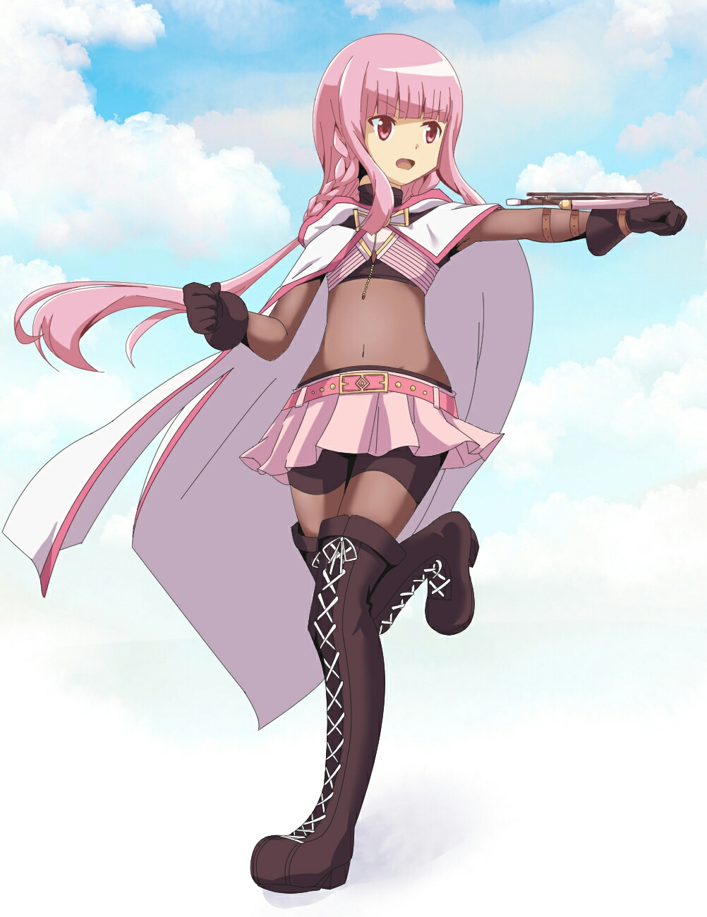1girl black_boots black_thighhighs boots braid female_focus full_body highres lace-up_boots long_hair magia_record:_mahou_shoujo_madoka_magica_gaiden mahou_shoujo_madoka_magica pink_eyes pink_hair seihoku solo tamaki_iroha thigh_boots thighhighs twin_braids very_long_hair