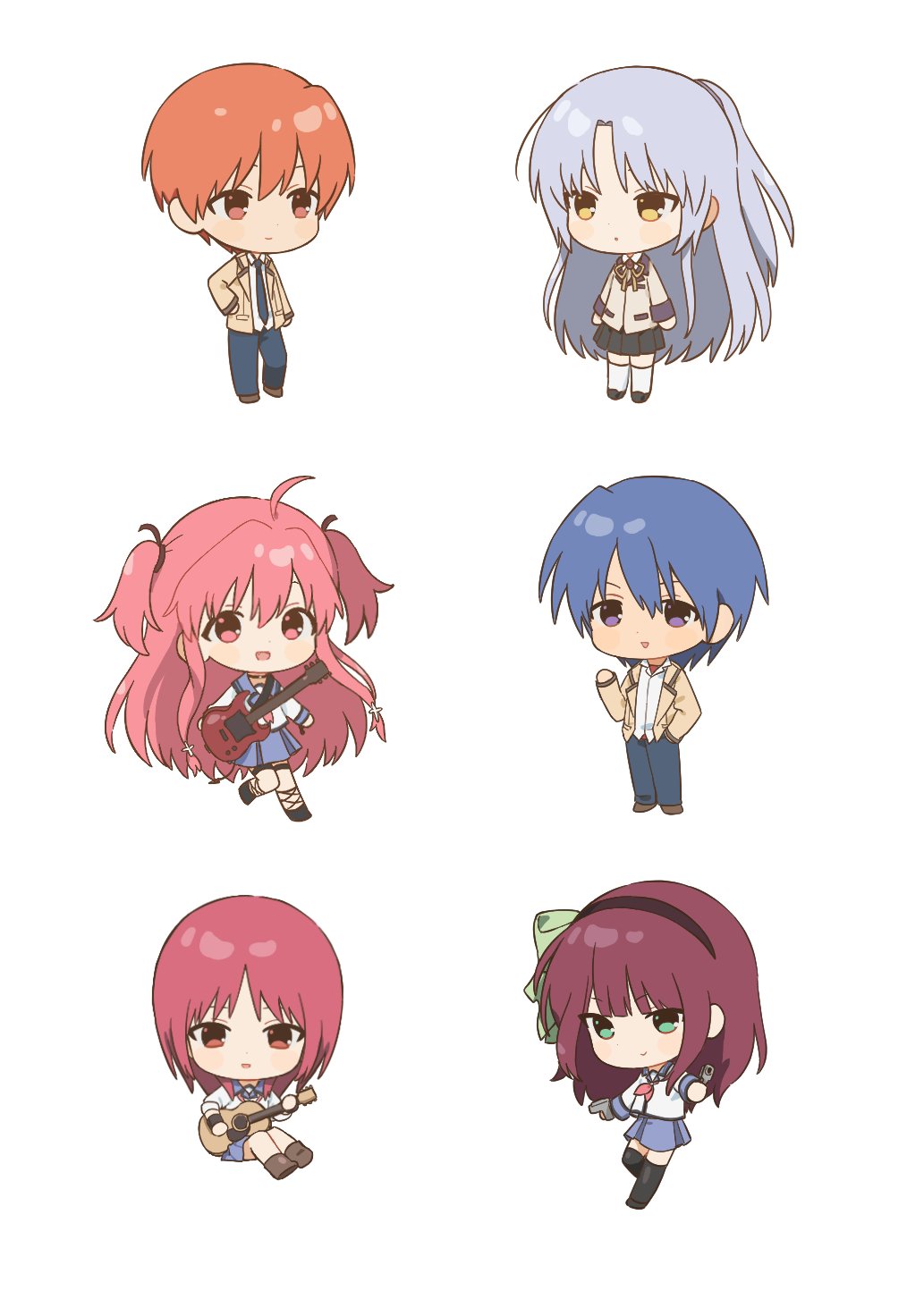 2boys 4girls :d ahoge angel_beats! arms_at_sides black_hairband black_skirt black_thighhighs blue_hair blue_pants blue_skirt blush bow chibi chibi_only closed_mouth green_bow green_eyes guitar gun hair_bow hairband half_updo hand_on_own_hip hashtag-only_commentary highres hinata_hideki holding holding_guitar holding_gun holding_instrument holding_weapon instrument iwasawa_masami jacket kneehighs long_hair long_sleeves looking_at_another looking_at_viewer medium_hair miniskirt multiple_boys multiple_girls nakamura_yuri open_mouth orange_eyes orange_hair otonashi_yuzuru pants pink_eyes pink_hair pleated_skirt ponytail purple_eyes purple_hair red_eyes red_hair saang2cm school_uniform shinda_sekai_sensen_uniform shirt short_hair sitting skirt smile socks standing standing_on_one_leg tachibana_kanade thighhighs two_side_up very_long_hair weapon white_hair white_shirt white_socks yellow_eyes yellow_jacket yui_(angel_beats!) zettai_ryouiki
