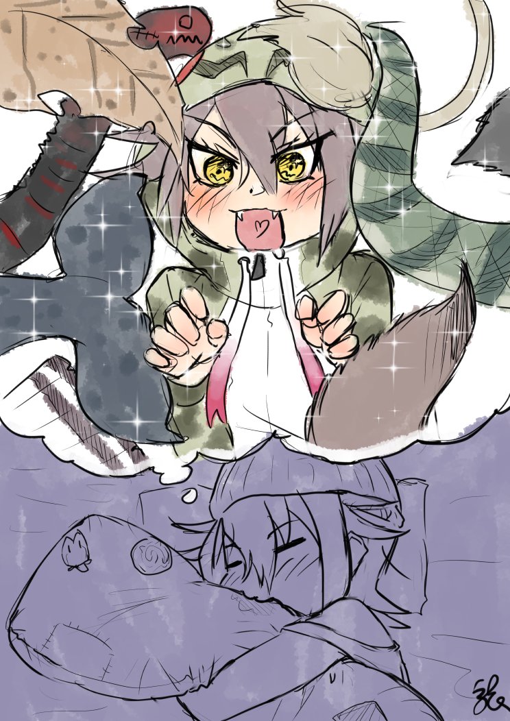 1girl animal_hood animal_print baweng_satanic_leaf_gecko_(kemono_friends) bird_tail blush cetacean_tail crossover drawstring dreaming excited fangs fins fish_tail godzilla godzilla_(series) godzilla_(shin) grey_hair hair_between_eyes hands_up happy hat hood hood_up hooded_jacket hugging_object jacket kemono_friends kemono_friends_3 kishida_shiki lion_tail long_sleeves medium_hair narwhal_(kemono_friends) nightcap northern_goshawk_(kemono_friends) okinawa_habu_(kemono_friends) open_mouth parted_bangs pillow pillow_hug print_hood print_jacket saliva shin_godzilla sketch sleeping smile snake_hood snake_print snake_tail solo_focus sparkle speech_bubble strap_slip tail thought_bubble tsurime wolf_tail yellow_eyes zipper zipper_pull_tab