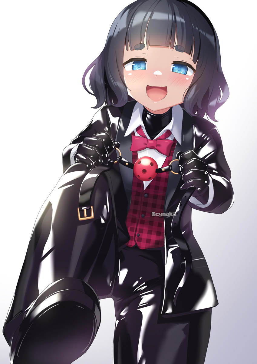 1girl :d ball_gag black_bodysuit black_hair black_suit blue_eyes bodysuit bodysuit_under_clothes bow bowtie crossdressing formal_clothes gag gradient_background half-closed_eyes highres holding_gag jacket latex latex_bodysuit latex_suit naka_(cheeseyeast) open_mouth original pant_suit pants red_bow red_bowtie reverse_trap shiny_clothes shoe_soles short_hair smile solo suit suit_jacket thick_eyebrows tuxedo wiffle_gag