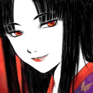 1girl 2000s_(style) close-up colored_skin commentary_request feliciel lips long_hair looking_at_viewer lowres miyabi_doll portrait ragnarok_online red_background red_eyes simple_background smile solo white_skin