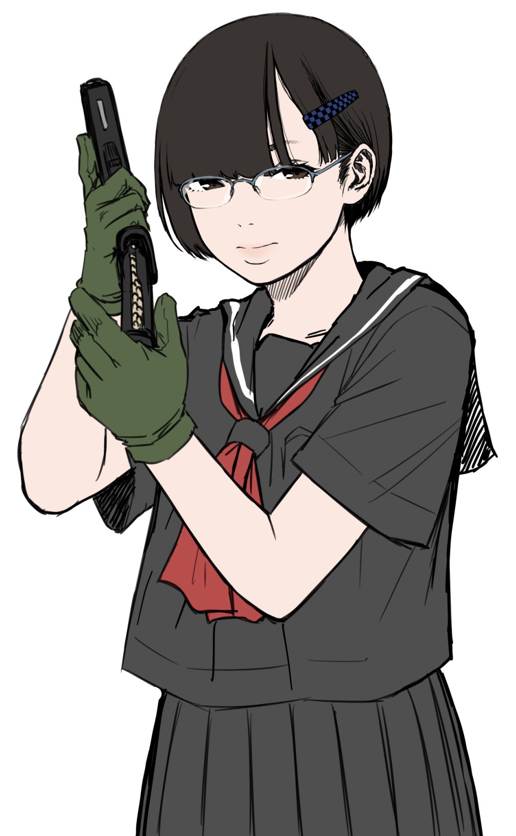 1girl ammunition asymmetrical_bangs black_eyes black_hair black_sailor_collar black_serafuku black_shirt black_skirt commentary_request glasses gloves green_gloves grey-framed_eyewear gun hair_behind_ear hair_ornament hairclip handgun hands_up highres holding holding_gun holding_magazine_(weapon) holding_weapon kuzukago_(bitchmaker) looking_to_the_side magazine_(weapon) neckerchief nene_(kuzukago) original red_neckerchief reloading round_eyewear sailor_collar sailor_shirt school_uniform serafuku shirt short_hair short_sleeves simple_background skirt solo trigger_discipline upper_body weapon white_background