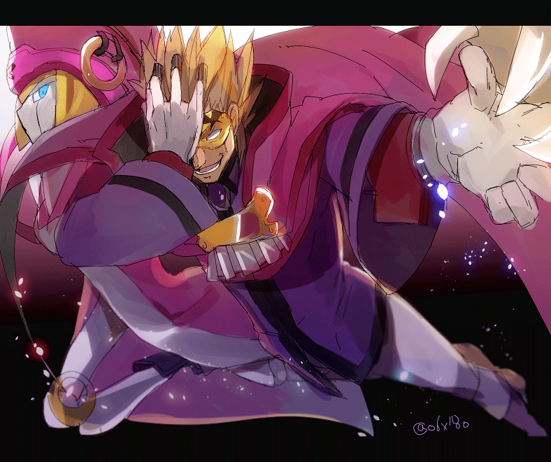 1boy 1girl android bad_id bad_pixiv_id blazblue blonde_hair cape gloves hat hyakuhachi_(over3) ignis_(blazblue) letterboxed mask outstretched_hand pink_hat relius_clover