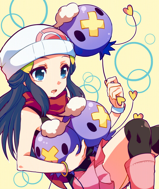 1girl beanie black_hair black_shirt black_thighhighs blue_eyes boots dawn_(pokemon) drifloon game_freak gen_4_pokemon hat irouha long_hair looking_ahead nintendo open_mouth pink_boots pink_skirt pokemon pokemon_(creature) pokemon_dppt red_scarf scarf shirt skirt thighhighs white_background white_hat