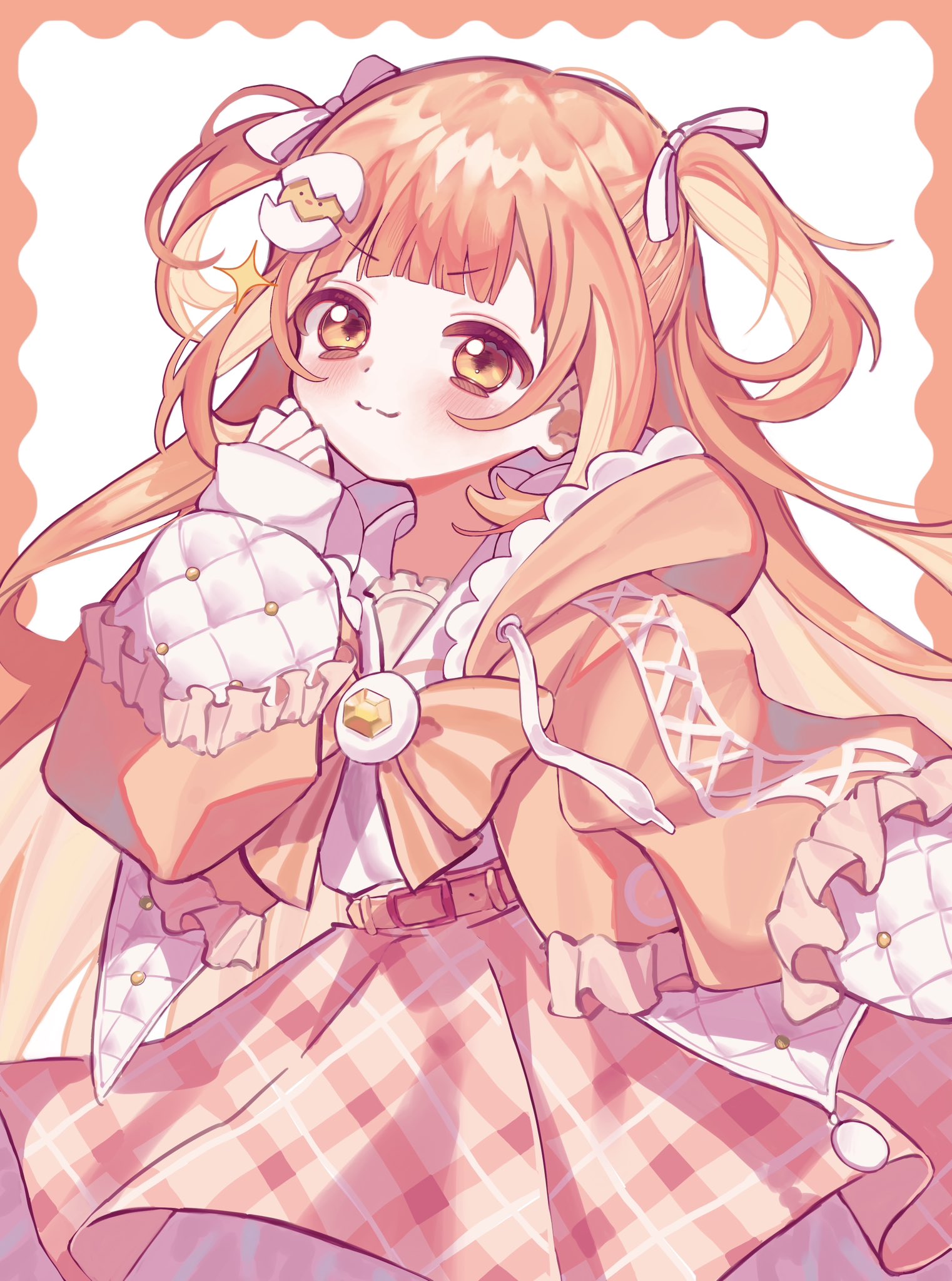 1girl aile_u_u_zzz belt border bow bowtie egg_hair_ornament food-themed_hair_ornament hair_ornament hair_ribbon highres hood hooded_jacket jacket kirara_tamako long_hair looking_at_viewer nijisanji orange_bow orange_bowtie orange_hair orange_jacket orange_skirt plaid_clothes plaid_skirt puffy_sleeves ribbon sailor_collar shirt skirt sleeves_past_wrists smile solo striped_bow striped_bowtie striped_clothes two_side_up upper_body v-shaped_eyebrows virtual_youtuber white_sailor_collar white_shirt yellow_eyes
