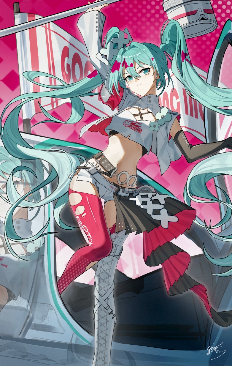 1girl blue_eyes blue_hair boots breasts cleavage_cutout clothing_cutout crop_top crop_top_overhang elbow_gloves gloves goodsmile_racing hatsune_miku highres long_hair looking_at_viewer navel pink_thighhighs racing_miku racing_miku_(2025) short_shorts shorts single_elbow_glove single_sleeve single_thigh_boot single_thighhigh small_breasts solo standing standing_on_one_leg stomach thigh_boots thigh_gap thighhighs torn_clothes torn_thighhighs twintails very_long_hair vocaloid yisjhui zettai_ryouiki