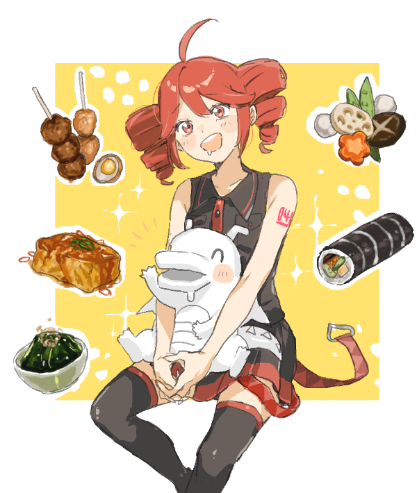 1girl ahoge black_skirt black_thighhighs blush bowl buttons collared_shirt dragon drill_hair drooling food hair_between_eyes hashtag-only_commentary iwashi_(wawaisi_iwasi) kasane_teto kasane_teto_(utau) looking_at_viewer meat miniskirt number_tattoo open_mouth red_eyes red_hair red_tattoo shirt shoulder_tattoo sitting sitting_on_person skirt skirt_set sleeveless sleeveless_shirt solo suki_na_souzai_happyou_dragon_(utau) sushi tattoo teeth thighhighs twin_drills upper_teeth_only utau wing_collar