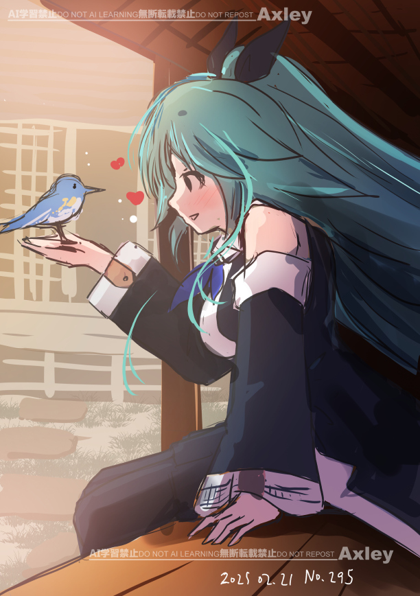 1girl artist_name axley bird bird_on_hand black_ribbon black_serafuku black_shirt black_skirt blue_neckerchief dated detached_sleeves green_hair hair_flaps kantai_collection long_hair neckerchief one-hour_drawing_challenge parted_bangs ponytail ribbon school_uniform serafuku shirt skirt sleeveless sleeveless_shirt solo veranda yamakaze_(kancolle)