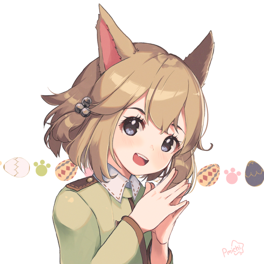 1girl animal_ears asagawa_mikan_(peachy_michi) bell blue_eyes blush cat_ears child egg fang female_focus final_fantasy final_fantasy_xiv fingers_together hair_bell hair_ornament jingle_bell khloe_aliapoh miqo&#039;te open_mouth short_hair signature simple_background solo upper_body white_background