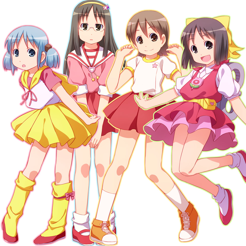 1980s_(style) 4girls aioi_yuuko black_eyes black_hair blue_eyes blue_hair bow brown_eyes brown_hair company_connection cosplay crossover glasses cube_hair_ornament hair_ornament hanazono_yumi hanazono_yumi_(cosplay) hayami_persia kazuki_mai kazuki_mai_(cosplay) long_hair mahou_no_idol_pastel_yumi mahou_no_star_magical_emi mahou_no_tenshi_creamy_mami mahou_no_yousei_persia minakami_mai morisawa_yuu morisawa_yuu_(cosplay) multiple_crossover multiple_girls naganohara_mio nichijou retro_artstyle pastel_yumi pastel_yumi_(cosplay) persia persia_(cosplay) persia_(mahou_no_yousei_persia) retro_artstyle sayousuke shinonome_nano short_hair short_twintails skirt sleeves_rolled_up smile socks studio_pierrot twintails winding_key yellow_bow