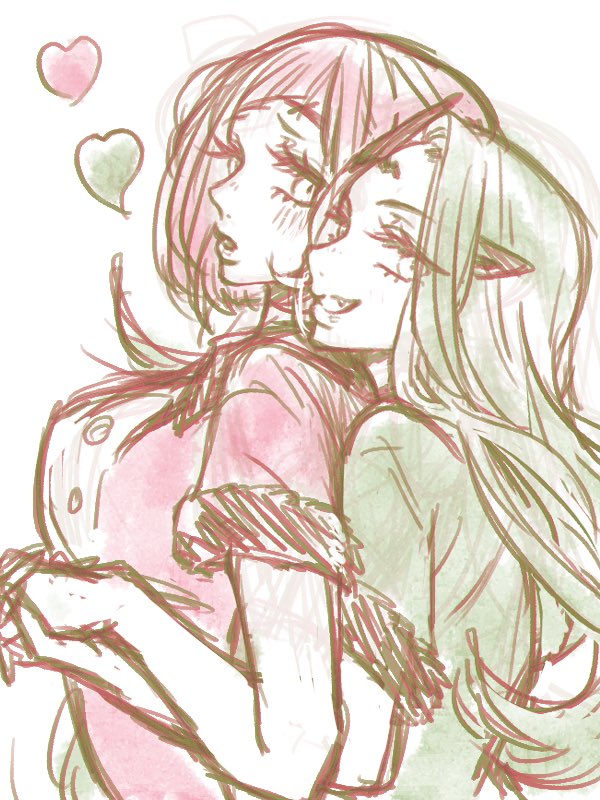 2girls blush breasts fang from_side game_no_yumeko green_shirt hair_behind_ear heart holding_hands hug hug_from_behind large_breasts long_hair looking_back macross macross_delta macross_delta:_zettai_live!!!!!! multiple_girls open_mouth pink_hair pink_shirt pointy_ears shirt short_hair sketch smile very_long_hair yami_makina yami_reina yuri