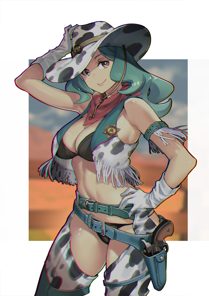 1girl animal_print aqua_hair arm_belt arm_up badge belt bikini bikini_under_clothes black_bikini blurry blurry_background breasts brown_eyes chaps chromatic_aberration cleavage cow_print cowboy_hat cowboy_shot cowboy_western cropped_vest fringe_trim gloves gun hand_on_headwear hand_on_own_hip handgun hat holster holstered long_hair looking_at_viewer medium_breasts navel neckerchief original outside_border print_headwear print_vest revolver sheriff_badge sleeveless smile solo standing swimsuit twinpoo vest weapon white_gloves