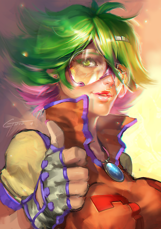 1girl breasts female_focus fingerless_gloves gloves goggles green_eyes green_hair jimbobox large_breasts lips matching_hair/eyes multicolored_hair nose pink_hair redline short_hair smile solo sonoshee_mclaren sunglasses thumbs_up tinted_eyewear upper_body visor