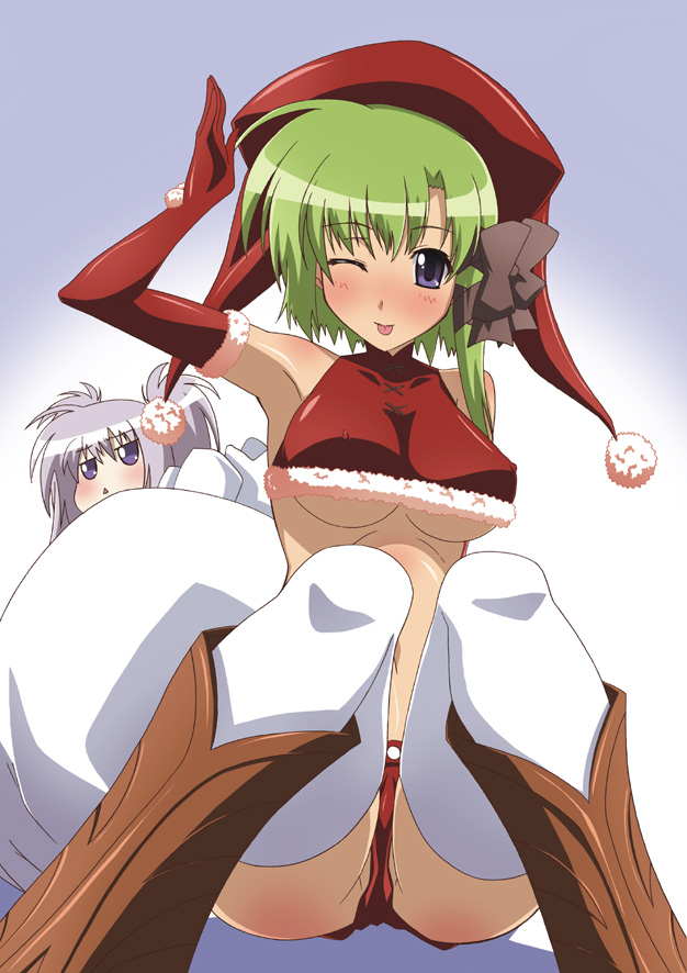 00s 2girls boots breasts christmas elbow_gloves gloves green_hair hat large_breasts multiple_girls one_eye_closed paopa_ship primula purple_hair red_gloves santa_costume santa_hat shigure_asa short_hair shuffle! thighhighs underboob wink