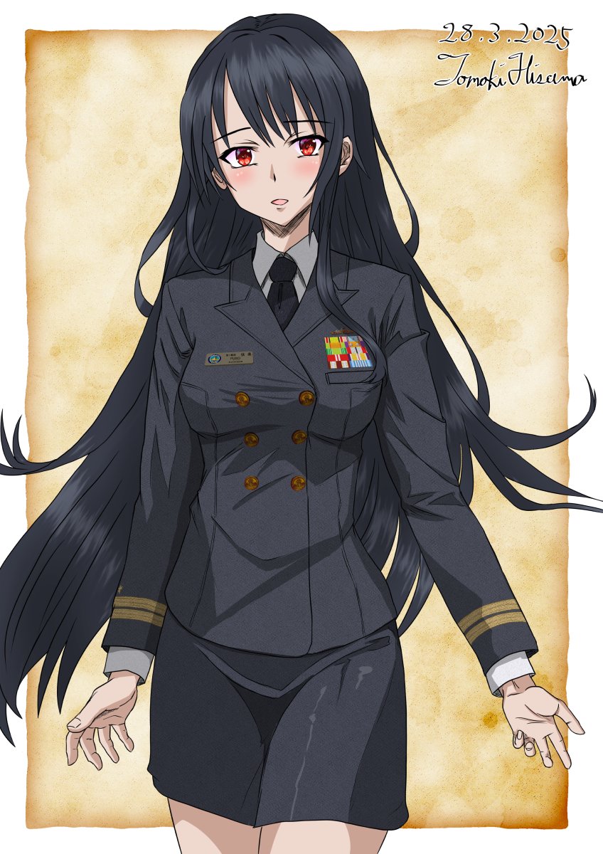 1girl alternate_costume artist_name black_hair black_jacket black_necktie black_skirt buttons collared_shirt dated double-breasted fusou_(kancolle) highres hisamatomoki jacket kantai_collection long_hair long_sleeves military_dress_uniform military_rank_insignia military_uniform miniskirt naval_dress_uniform naval_uniform necktie one-hour_drawing_challenge red_eyes ribbon_bar shirt skirt solo white_shirt