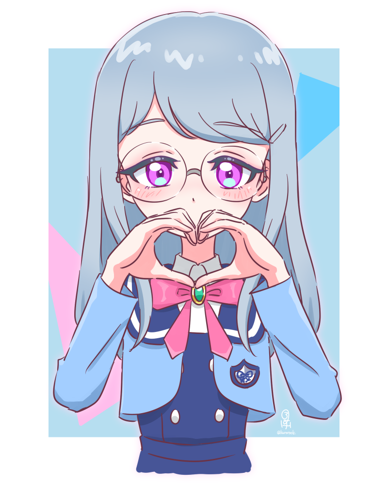 1girl blue_hair bow bowtie brooch collared_shirt commentary_request covering_own_mouth cropped_jacket cropped_torso hands_up heart heart_hands himitsu_no_aipri jewelry kurorook long_hair long_sleeves looking_at_viewer paradise_private_academy_school_uniform pretty_series purple_eyes rokudou_elle school_uniform shirt solo