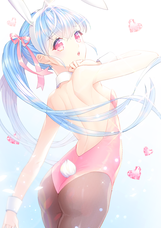1girl animal_ears arched_back ass bare_back bare_shoulders blue_background blue_hair bow breasts chestnut_mouth cowboy_shot detached_collar fake_animal_ears female_focus fishnet_pantyhose fishnets gem gradient_background hair_ribbon hairband hand_on_own_neck leotard long_hair looking_at_viewer looking_back original pantyhose pink_bow pink_ribbon playboy_bunny rabbit_ears rabbit_tail ribbon saban sideboob small_breasts solo tail twintails very_long_hair wrist_cuffs