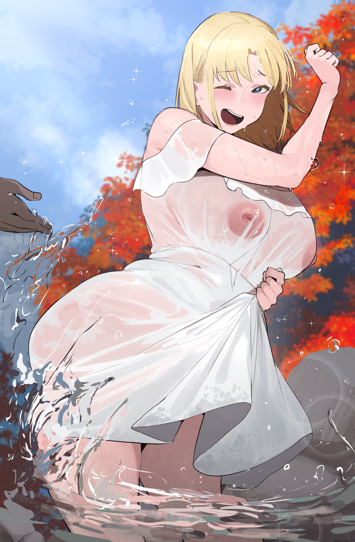 1girl 1other blonde_girl_(okpriko) blonde_hair blue_eyes blush breasts covered_erect_nipples dark_skin dress highres huge_breasts inverted_nipples long_hair looking_at_viewer nipples okpriko one_eye_closed onsen open_mouth original see-through_clothes see-through_dress sky smile solo_focus wading wet wet_clothes wet_dress white_dress