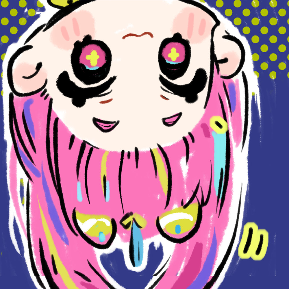1girl :3 blonde_hair blue_hair blush_stickers chibi chibi_only chinese_commentary cui_pi_zha_xia_qiu girls&#039;_frontline girls&#039;_frontline_neural_cloud official_art pink_eyes pink_hair puzzle_(neural_cloud) second-party_source solo star-shaped_pupils star_(symbol) symbol-shaped_pupils upside-down