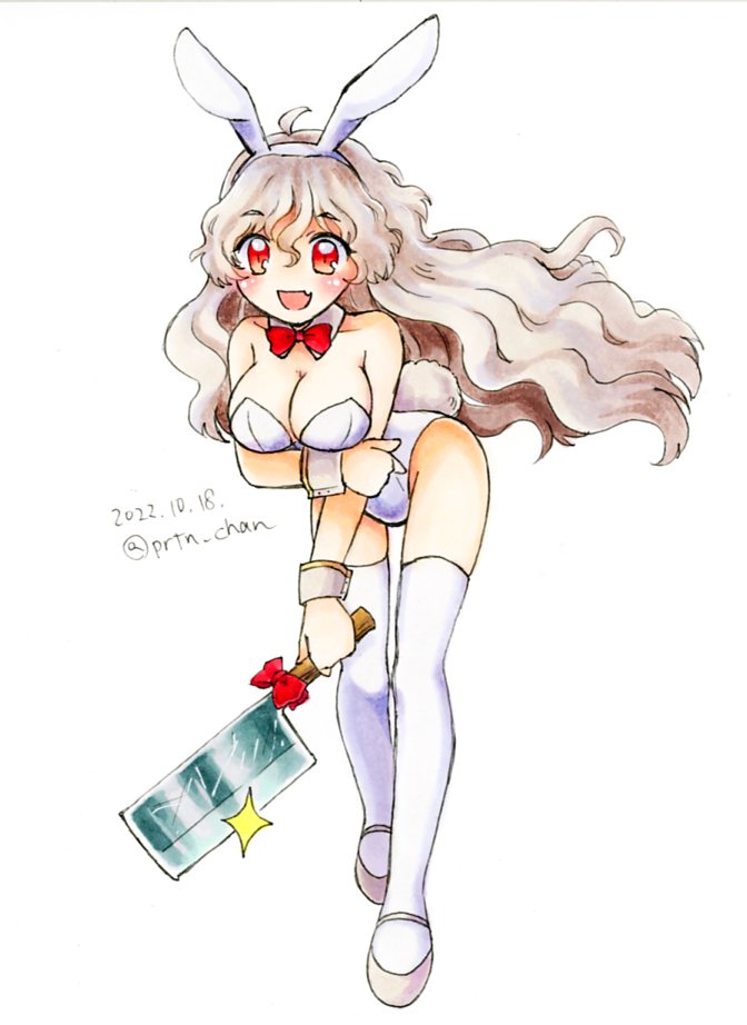 1girl :d ahoge animal_ears arm_under_breasts artist_name bow bowtie breasts cleavage dated fake_animal_ears fake_tail fang full_body grey_hair holding holding_knife knife large_breasts leotard long_hair looking_at_viewer open_mouth playboy_bunny proton rabbit_ears rabbit_tail red_bow red_bowtie red_eyes sakata_nemuno simple_background skin_fang smile solo tail thighhighs touhou wavy_hair white_background white_leotard white_thighhighs wrist_cuffs