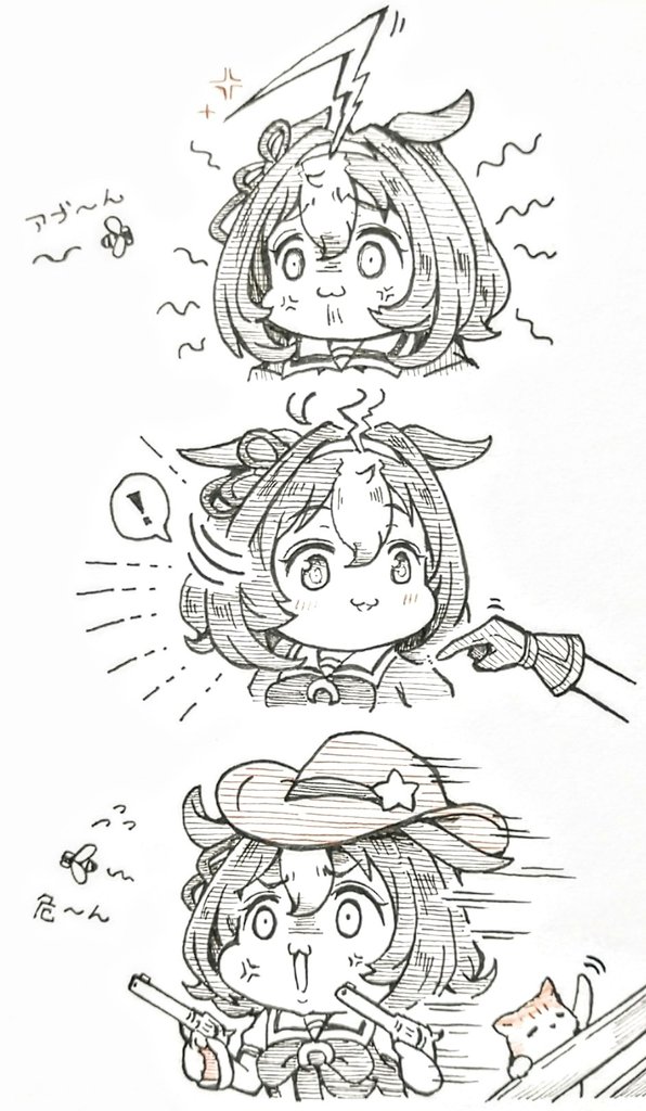 ! :3 ahoge anger_vein animal_ears breasts bug commentary_request cowboy_hat dual_wielding fly garyuu_ryuuga gun hair_ornament handgun hat holding horse_girl insect meisho_doto_(umamusume) monochrome nervous_sweating open_mouth poking revolver school_uniform sweat tracen_school_uniform umamusume weapon white_background