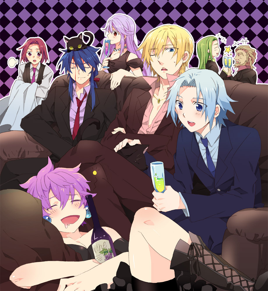2girls 6+boys alcohol animal atwight_eks bare_shoulders beard blonde_hair blood blue_eyes blue_hair blush boots bottle breasts brown_hair cat dress dymlos_timber earrings closed_eyes facial_hair formal_clothes frills green_hair harold_berselius igtenos_minarde jewelry karell_berselius laville_clemente long_hair multiple_boys multiple_girls necklace necktie open_mouth pants pierre_de_chaltier pink_hair purple_eyes purple_hair red_hair suit tales_of_(series) tales_of_destiny tales_of_destiny_2 vest wine wink