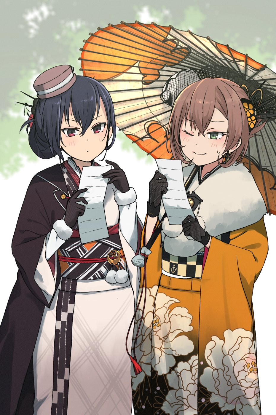 2girls annin_musou black_gloves black_hair black_kimono blush brown_hair brown_headwear closed_mouth gloves green_eyes hat highres japanese_clothes kantai_collection kimono long_sleeves multiple_girls mutsu_(kancolle) mutsu_(new_year)_(kancolle) nagato_(kancolle) nagato_(new_year)_(kancolle) obi official_alternate_costume oil-paper_umbrella one_eye_closed orange_kimono red_eyes sash short_hair umbrella wide_sleeves