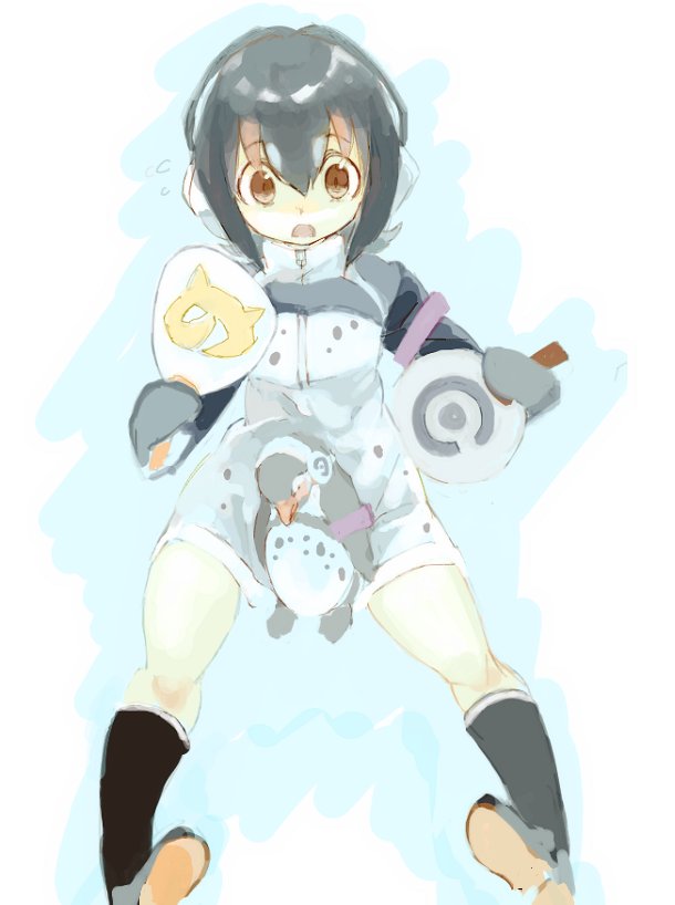10s 1boy 1girl armband bird black_hair boots commentary_request flying_sweatdrops grape-kun headphones hood hoodie humboldt_penguin_(kemono_friends) japari_symbol kemono_friends konabetate long_sleeves multicolored_hair penguin penguin_tail purple_hair sitting tail white_hair
