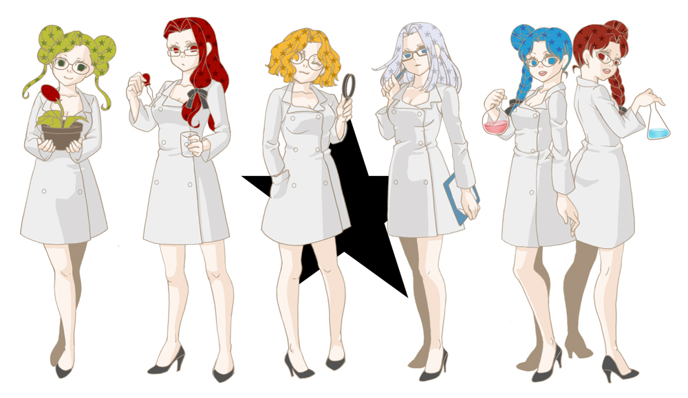 1990s_(style) 6+girls :d ;3 bad_id bad_pixiv_id bespectacled bishoujo_senshi_sailor_moon bishoujo_senshi_sailor_moon_s blue_eyes blue_hair braid breasts cleavage cyprine_(sailor_moon) double_bun dropper eudial_(sailor_moon) flask flower glasses green_eyes green_hair hair_bun hair_ribbon high_heels lab_coat long_hair magnifying_glass mimete_(sailor_moon) multiple_girls one_eye_closed open_mouth orange_eyes orange_hair plant potted_plant ptilol_(sailor_moon) red_eyes red_hair retro_artstyle ribbon siblings side_braid side_bun silver_hair single_braid single_side_bun sisters smile star_(symbol) tellu_(sailor_moon) u_lon viluy_(sailor_moon) white_background wink witches_5