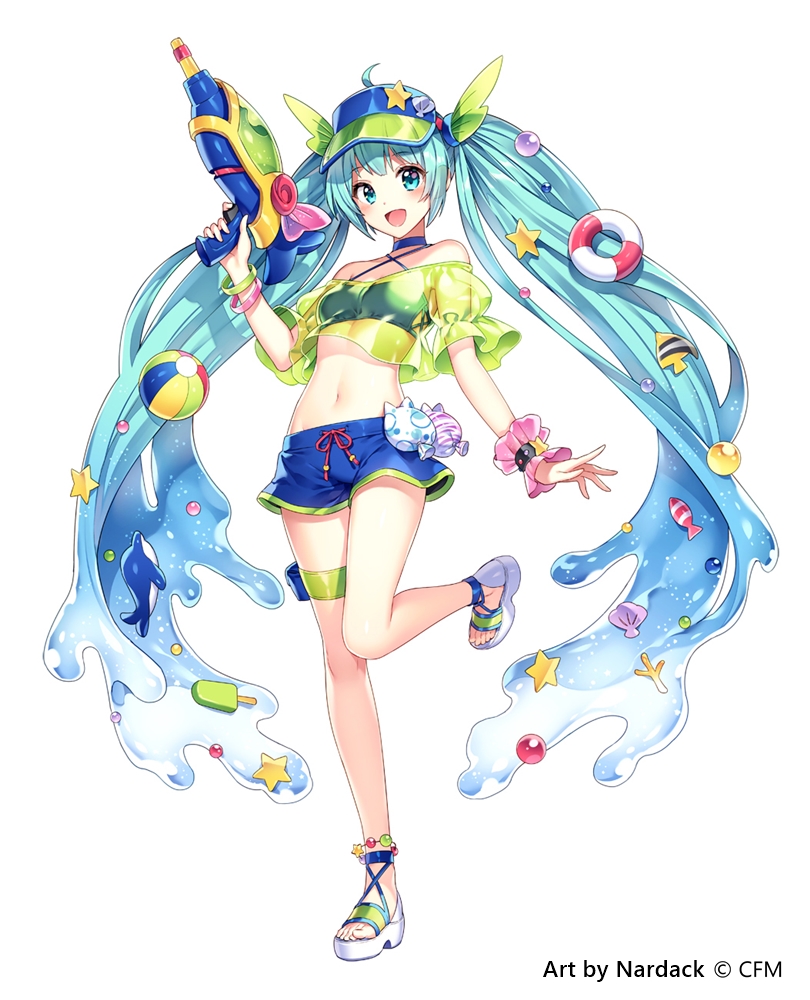1girl :d ahoge aqua_eyes aqua_hair artist_name bracelet copyright_name criss-cross_halter cropped_shirt fish_hair_ornament full_body gradient_hair hair_ornament halterneck hatsune_miku holding holding_water_gun jewelry liquid_hair long_hair multicolored_hair nardack navel official_art open_mouth sandals scrunchie second-party_source see-through_clothes see-through_shirt shirt shorts simple_background smile solo standing standing_on_one_leg star_(symbol) star_hair_ornament strapless tachi-e thigh_strap tube_top very_long_hair visor_cap vocaloid water_gun white_background wrist_scrunchie