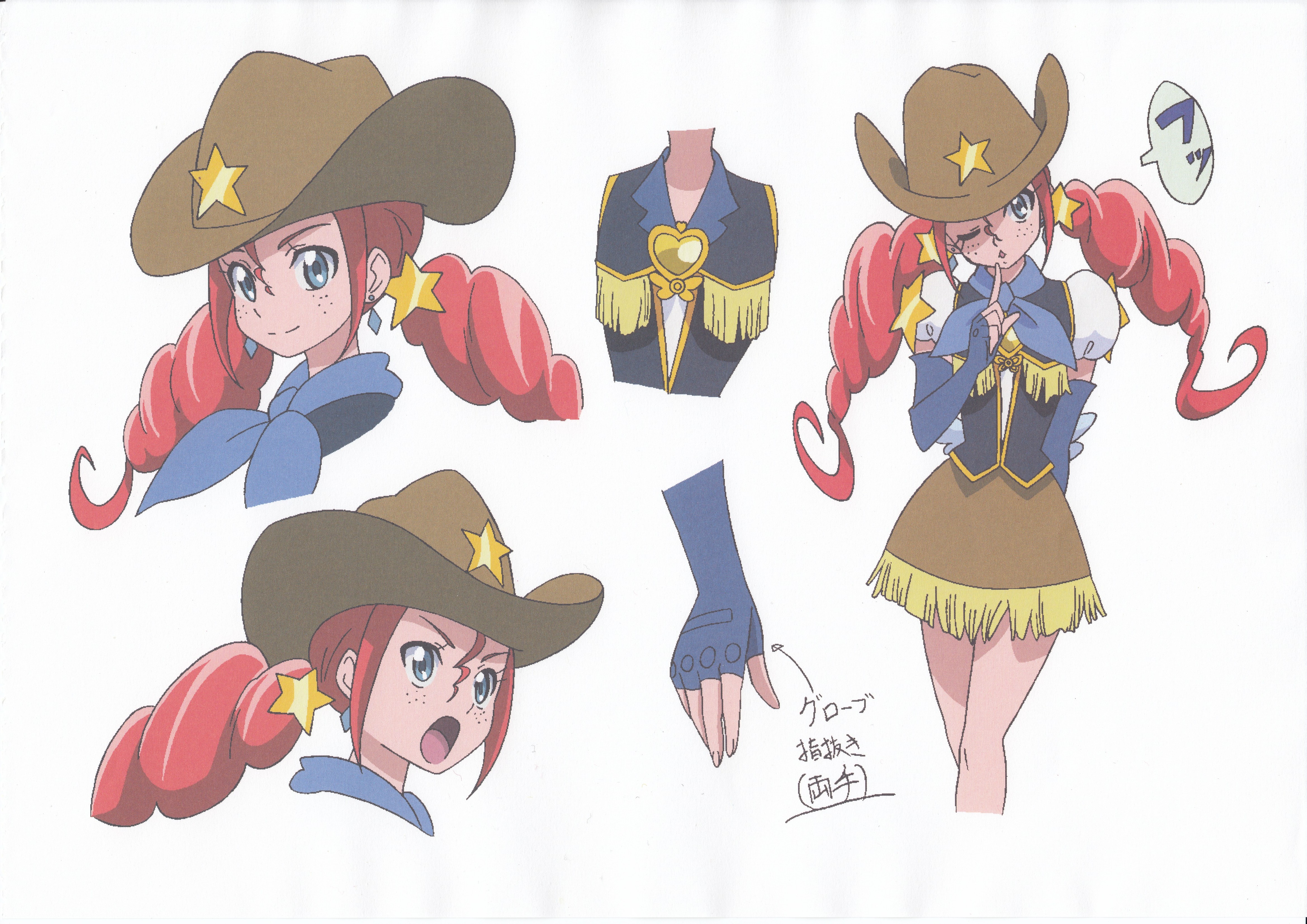 1girl absurdres artist_request blue_gloves brooch brown_skirt reference_sheet concept_art cowboy_hat cowgirl_(western) drill_hair earrings elbow_gloves eyelashes fingerless_gloves freckles gloves hair_ornament happinesscharge_precure! happy hat highres jewelry looking_at_viewer magical_girl miniskirt official_art one_eye_closed open_mouth precure puffy_short_sleeves puffy_sleeves red_haired_cure_(bomber_girls_precure)_(happinesscharge_precure!) short_sleeves simple_background skirt smile solo source_request speech_bubble standing star_(symbol) star_hair_ornament translation_request twintails vest white_background