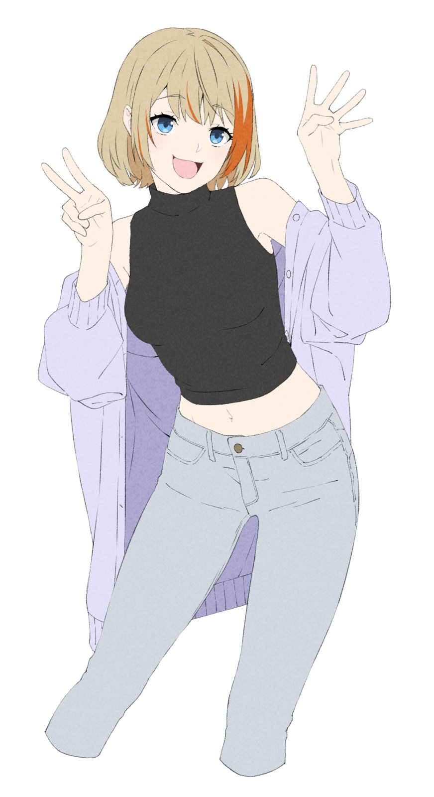 1girl :d akitetsu black_shirt blue_eyes breasts buttons cropped_legs feet_out_of_frame grey_pants grey_shirt highres light_brown_hair looking_at_viewer medium_breasts midriff multicolored_hair nanashi_inc. navel official_alternate_costume open_mouth orange_hair pants shirt shirt_partially_removed short_hair simple_background sleeveless sleeveless_shirt smile solo touri_sei touri_sei_(2nd_costume) turtleneck two-tone_hair v virtual_youtuber white_background