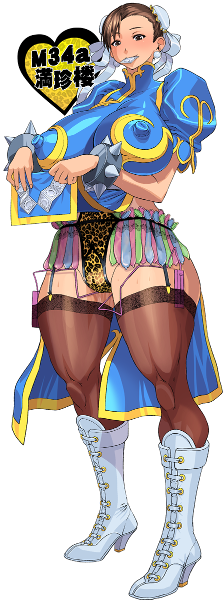 animal_print animal_print_panties blush boots bracelet breasts brown_eyes brown_hair capcom china_dress chinese_clothes chun-li clothes_lift come_hither condom condom_belt condom_in_mouth condom_wrapper cosine dress earrings egg_vibrator garter_belt garter_straps gigantic_breasts hair_ribbon heart highres huge_breasts japanese_text jewelry long_image mouth_hold muscular muscular_female nipples nipples_visible_through_shirt panties pantyshot pearl_earrings ribbon sex_toy skirt skirt_lift spiked_bracelet spikes street_fighter tagme tall_image thighhighs underwear used_condom vibrator wide_hips