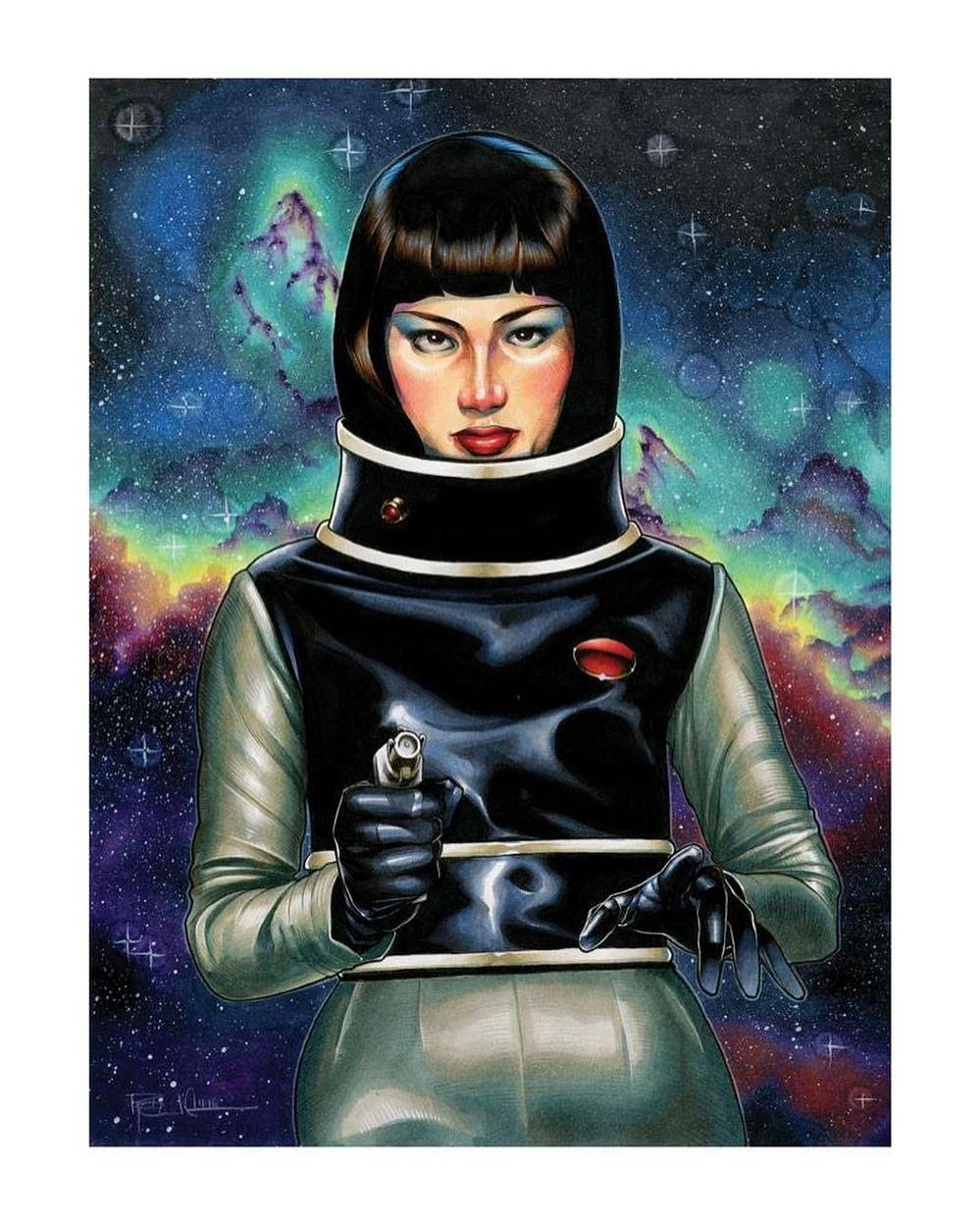 1girl alien black_eyes black_hair directed-energy_weapon energy_gun energy_weapon godzilla_(series) godzilla_vs._monster_zero gun handgun highres looking_at_viewer namikawa_(godzilla) pistol richard_cox short_hair sidearm sky space star_(sky) starry_sky toho weapon xilien