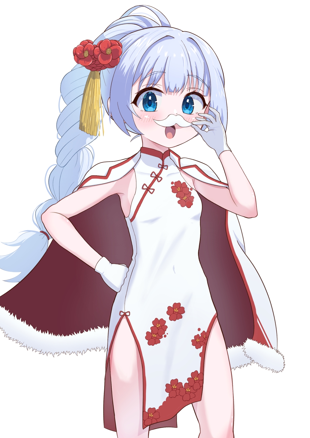 1girl armpits blue_archive blue_eyes breasts cape cherino_(blue_archive) cherino_(qipao)_(blue_archive) china_dress chinese_clothes cowboy_shot dress fake_facial_hair fake_mustache gloves hand_on_own_hip highres looking_at_viewer ponytail rokkii_(pixiv77873722) small_breasts smile solo thighhighs white_background white_dress white_gloves white_hair