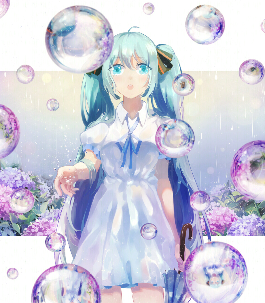 1girl :o ahoge aqua_eyes aqua_hair arm_at_side blue_ribbon blurry blush breasts bubble closed_umbrella cowboy_shot depth_of_field domik dress dripping eyelashes female_focus flower hair_ribbon hatsune_miku holding hydrangea long_hair looking_up neck_ribbon outside_border outstretched_hand puffy_short_sleeves puffy_sleeves rain reflection ribbon short_dress short_sleeves small_breasts solo sundress twintails umbrella very_long_hair vocaloid water_drop