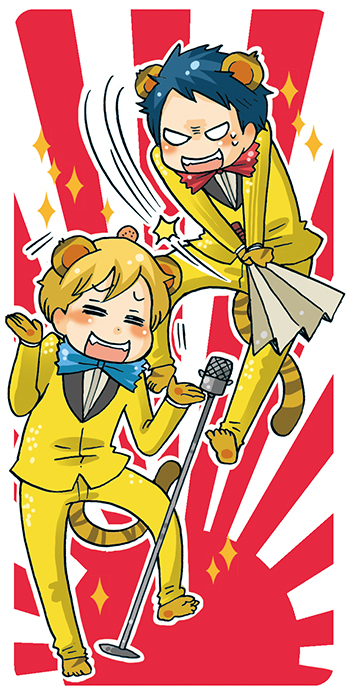 2boys comic_toranoana formal_clothes hand_fan male_focus manzai mashuu_masaki multiple_boys official_art paper_fan rising_sun_flag sparkle suit sunburst tora_no_mori_no_nakama-tachi torakichi_(toranoana) toranoana torata_(toranoana)