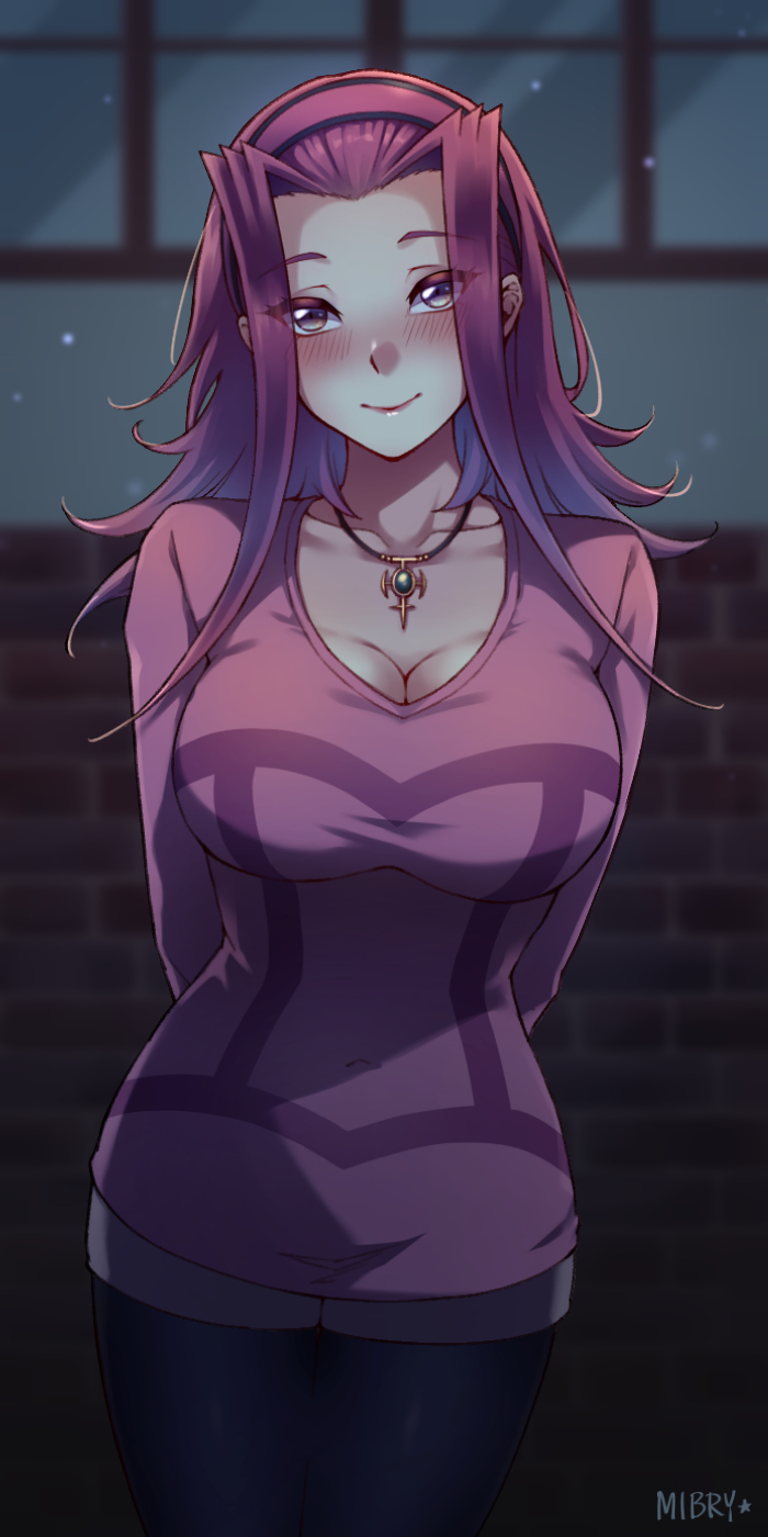 1girl arms_behind_back artist_name black_thighhighs blush breasts collarbone dress female_focus hairband highres indoors izayoi_aki jewelry large_breasts long_hair looking_at_viewer mibry_(phrysm) necklace night red_hair smile thighhighs thighs window yu-gi-oh! yu-gi-oh!_5d&#039;s