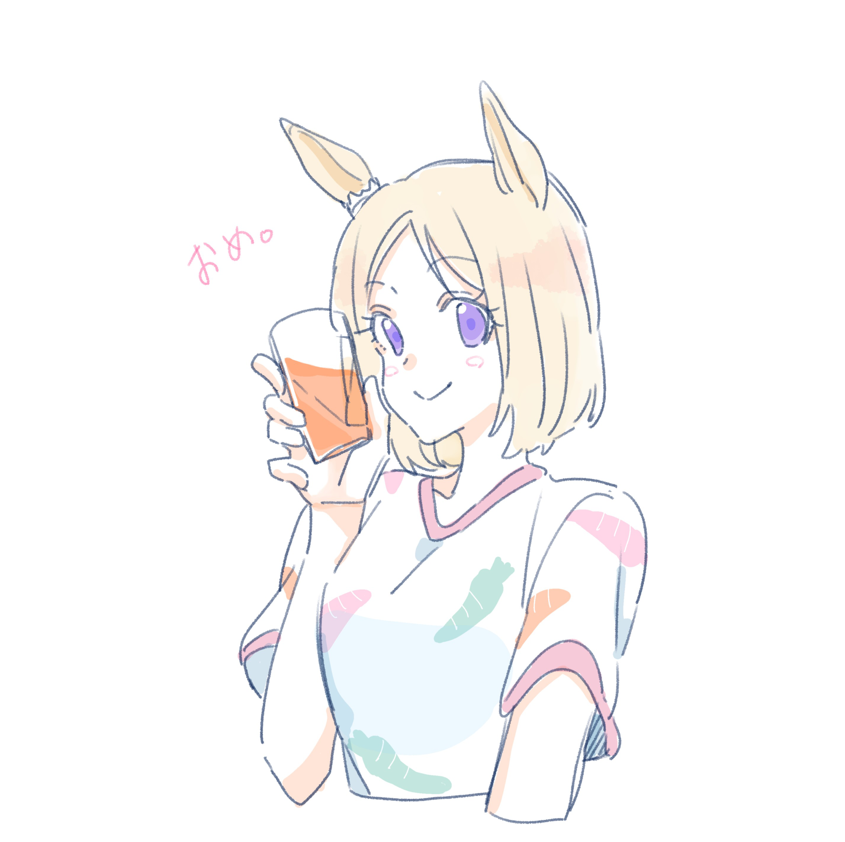 1girl absurdres animal_ears blonde_hair carrot_print closed_mouth cropped_torso cup drink drinking_glass food_print forehead hand_up highres holding holding_cup horse_ears looking_at_viewer narita_top_road_(umamusume) parted_bangs print_shirt purple_eyes seila_rei shirt short_hair short_sleeves simple_background smile solo translation_request umamusume upper_body white_background white_shirt