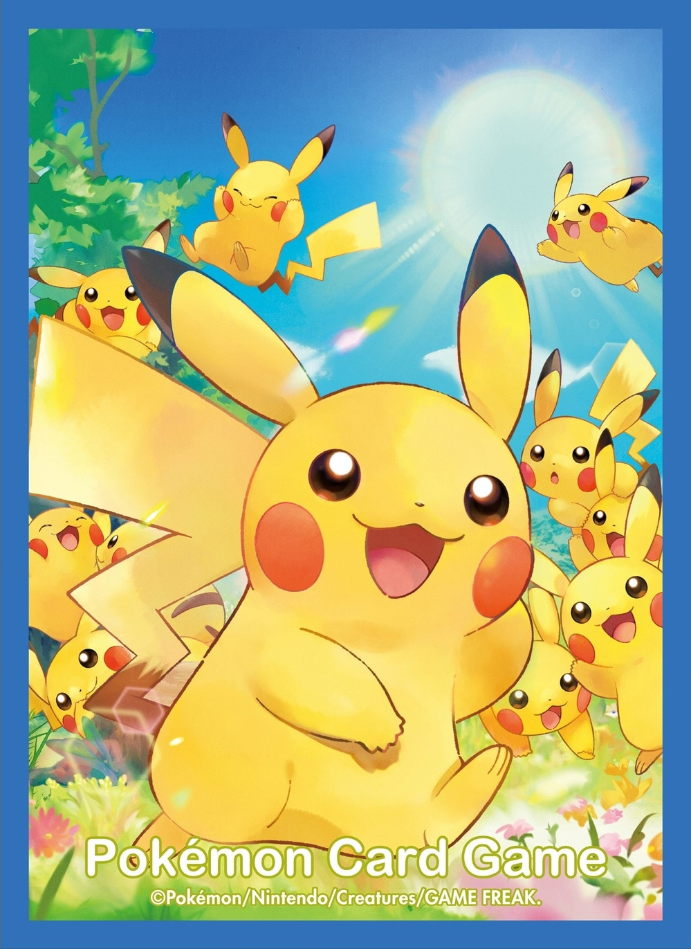 :3 animal_focus blue_border blue_sky border closed_eyes closed_mouth company_name copyright_name copyright_notice creatures_(company) day flower game_freak gen_1_pokemon grass highres iribi_you nintendo no_humans official_art open_mouth outdoors pikachu pokemon pokemon_(creature) pokemon_focus pokemon_tcg sky smile sun third-party_source tree