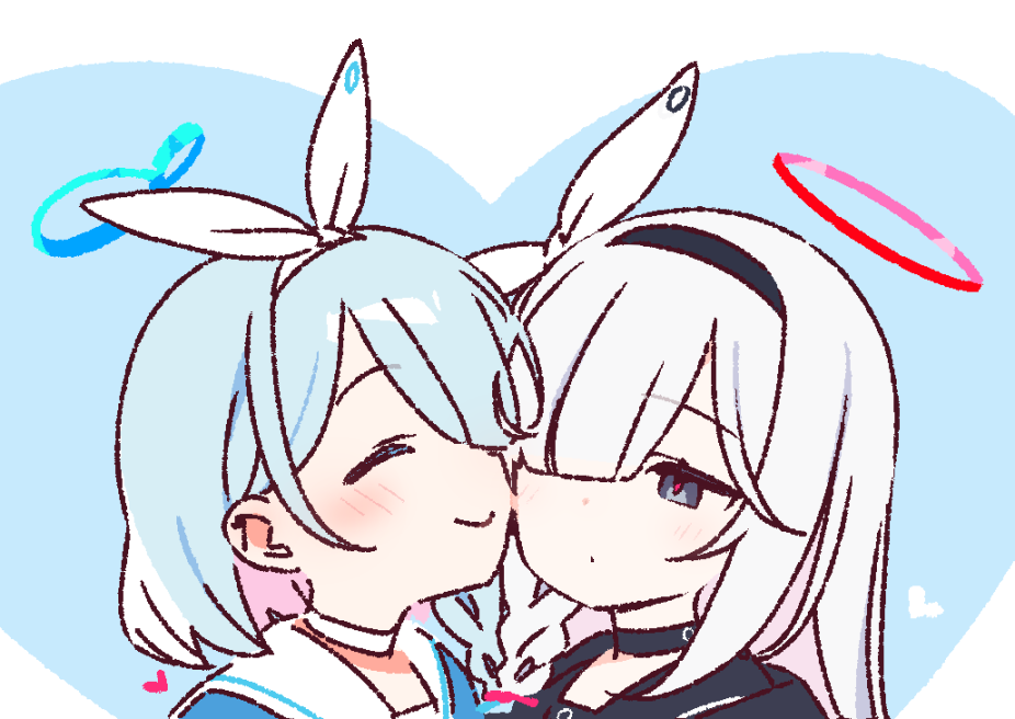 2girls arona_(blue_archive) black_choker black_eyes black_hairband black_sailor_collar blue_archive blue_background blue_hair blue_halo blush bow bow_hairband choker closed_eyes closed_mouth commentary_request dot_mouth grey_hair hair_bow hair_over_one_eye hairband halo heart heart_halo long_hair multiple_girls plana_(blue_archive) portrait red_halo red_pupils sailor_collar short_hair white_bow white_hairband white_sailor_collar yoru_nai