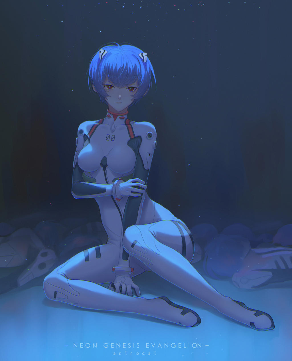 1girl ahoge artist_name astrocatsama ayanami_rei blue_bow blue_hair bodysuit bow bracelet closed_mouth copyright_name expressionless full_body gloves hair_ornament hand_on_own_arm highres jewelry looking_at_viewer mecha_pilot_suit neon_genesis_evangelion plugsuit_(evangelion) red_eyes robot short_hair sitting solo white_bodysuit white_gloves yokozuwari