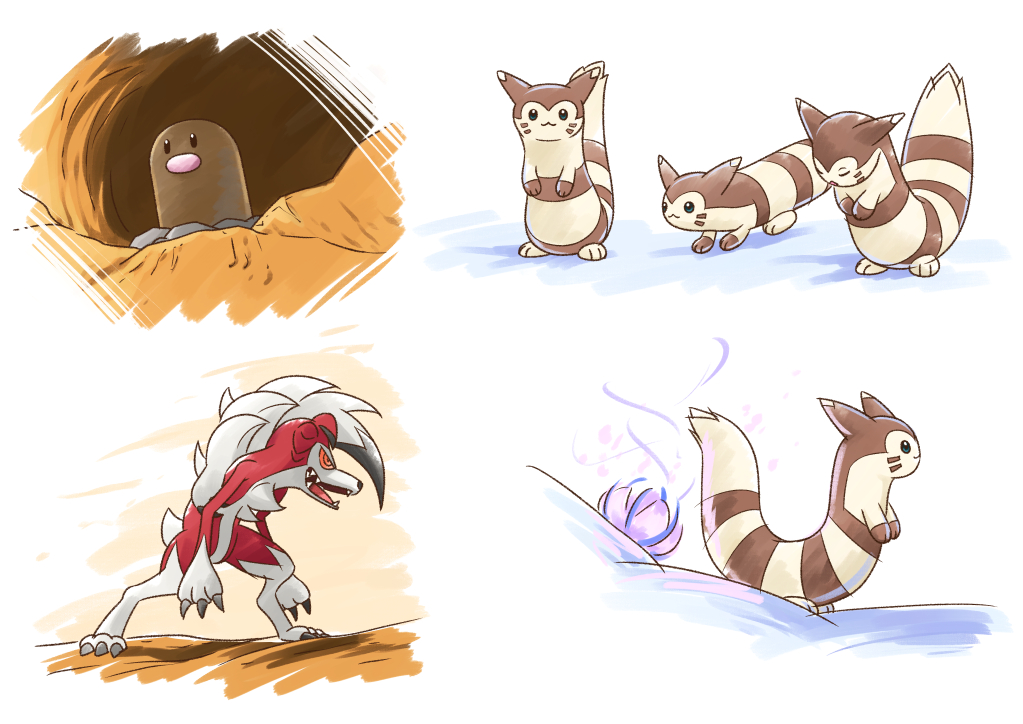 :3 black_eyes claws closed_eyes closed_mouth commentary_request diglett furret game_freak gen_1_pokemon gen_2_pokemon gen_7_pokemon hiraisaki lycanroc lycanroc_(midnight) nintendo open_mouth orange_eyes pokemon pokemon_(creature) pokemon_focus smile standing teeth tongue